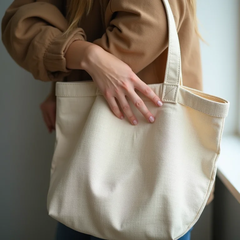 Detalhe das mãos de uma mulher segurando uma bolsa de linho texturizada