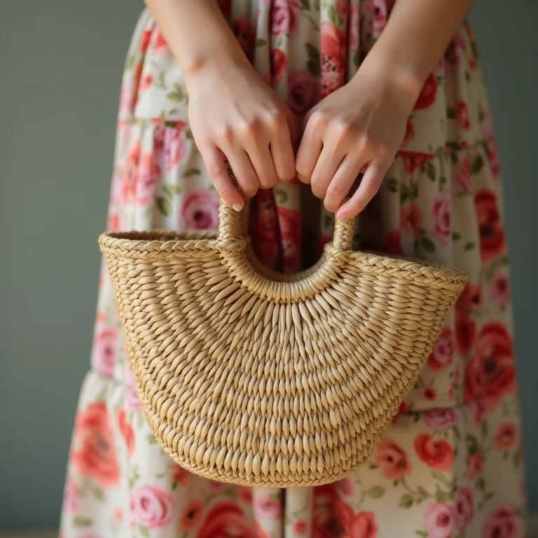 Detalhe das mãos de uma mulher segurando uma bolsa de palha com uma saia floral dentro