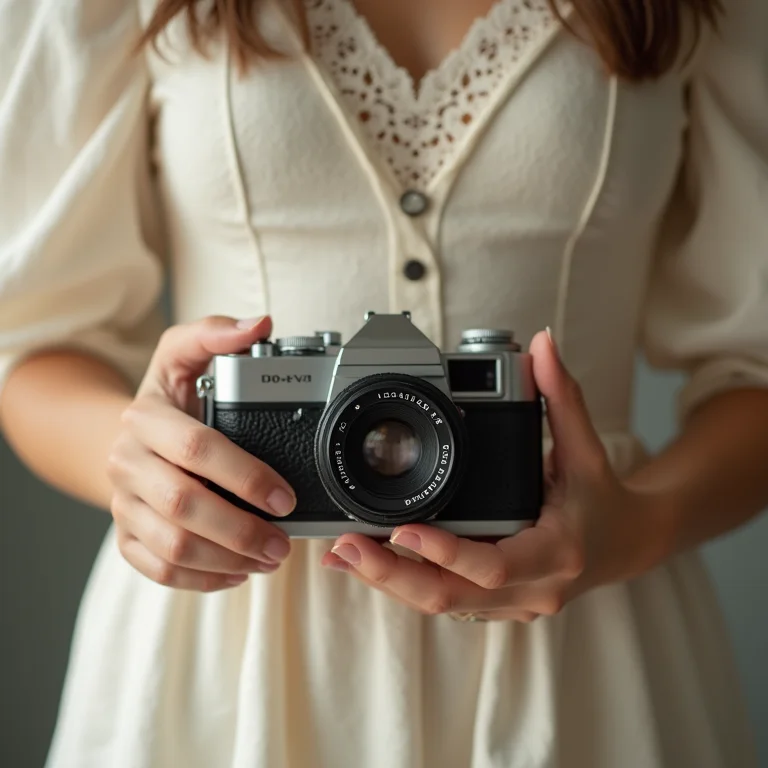 Detalhe das mãos de uma mulher segurando uma câmera vintage, usando um vestido midi romântico de linho