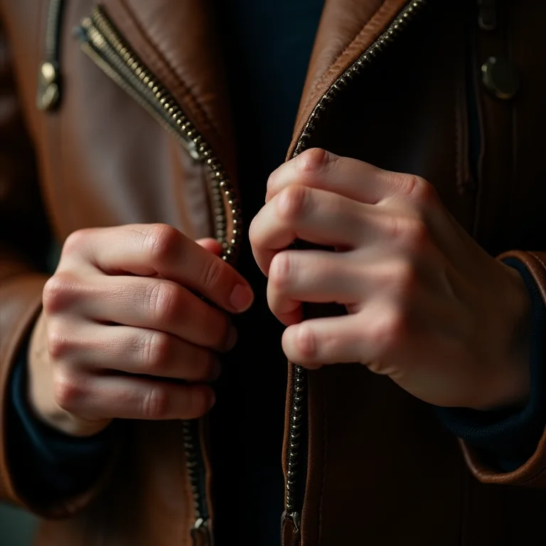 Detalhe das mãos inspecionando jaqueta de couro vintage em brechó