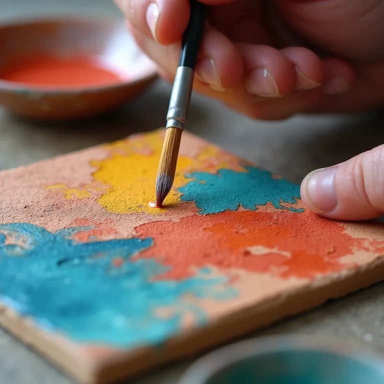 Detalhe das mãos pintando uma cerâmica com cores vibrantes, inspiração arte popular