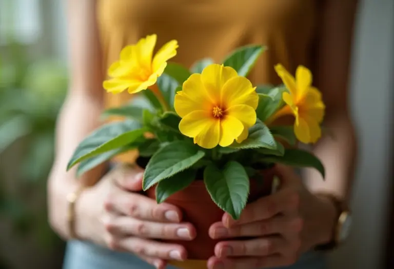 Detalhe das mãos segurando delicadamente um mangarito amarelo vibrante em vaso.