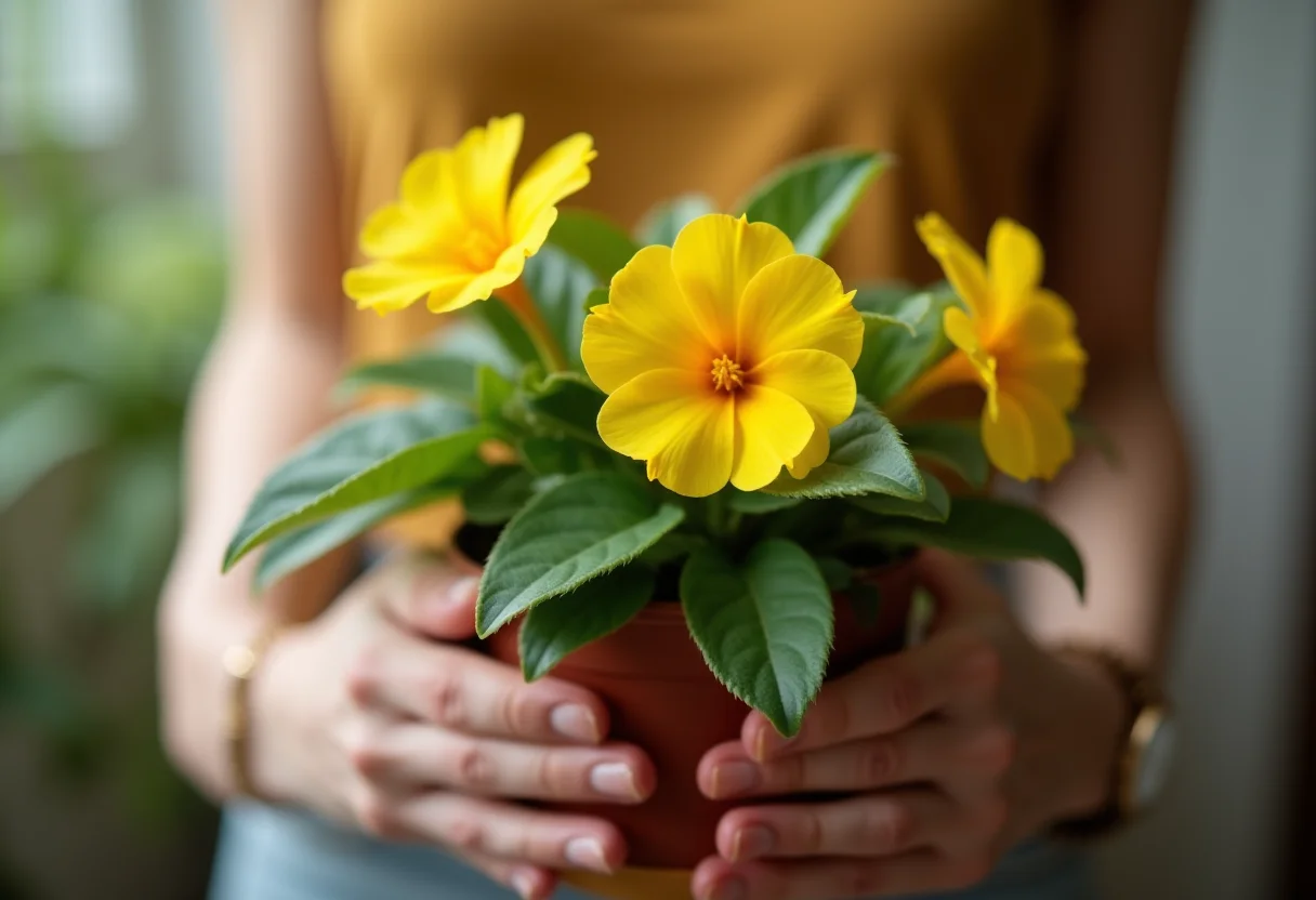 Mangarito Amarelo: Guia descomplicado de como cultivar em casa Detalhe das mãos segurando delicadamente um mangarito amarelo vibrante em vaso.