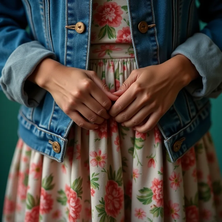 Detalhe das mãos segurando jaqueta jeans sobre saia longa estampada
