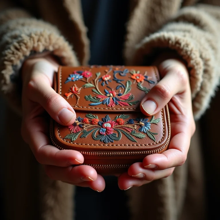 Detalhe das mãos segurando uma bolsa de couro com bordado étnico