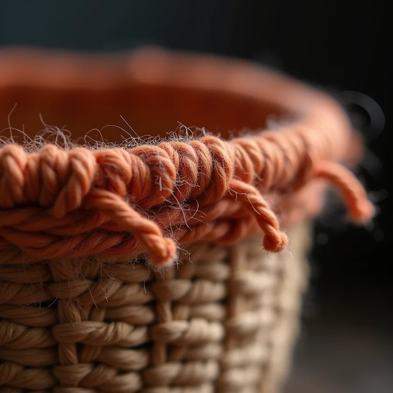 Detalhe de acabamento mal feito em cesto de fio de malha.