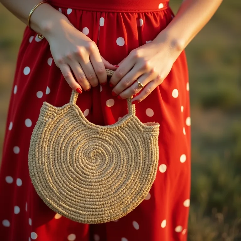 Detalhe de Bolsa de Palha Vintage Combinada com Vestido de Poá