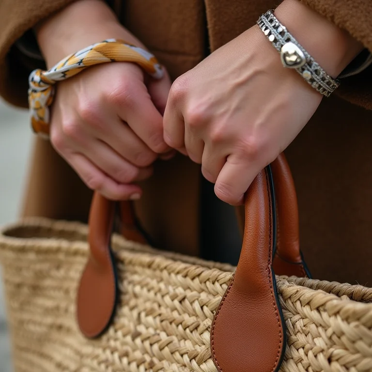 Detalhe de bolsa de ráfia com lenço de seda e bracelete de prata
