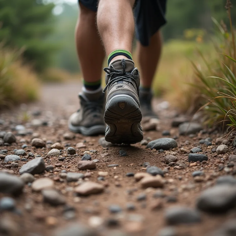 Detalhe de botas de trilha em terreno rochoso