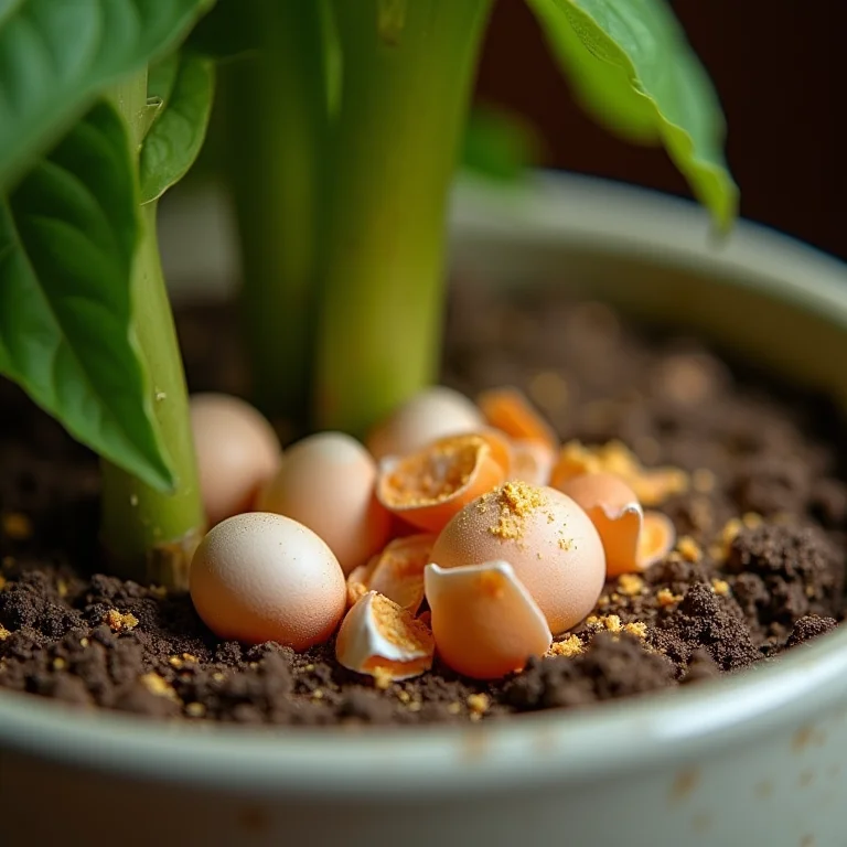 Detalhe de cascas de ovo trituradas sendo usadas como adubo para bougainvillea