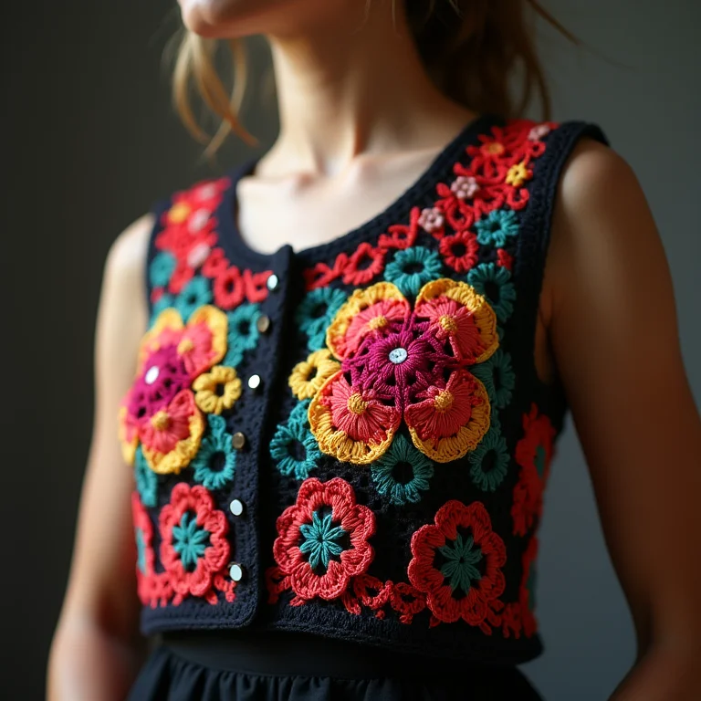 Detalhe de colete de crochê colorido com padrões florais