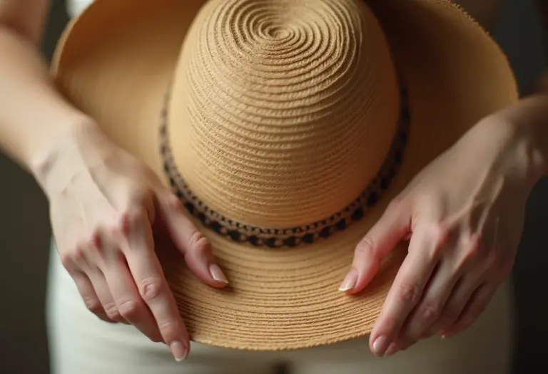 Detalhe de mãos femininas segurando chapéu floppy de palha