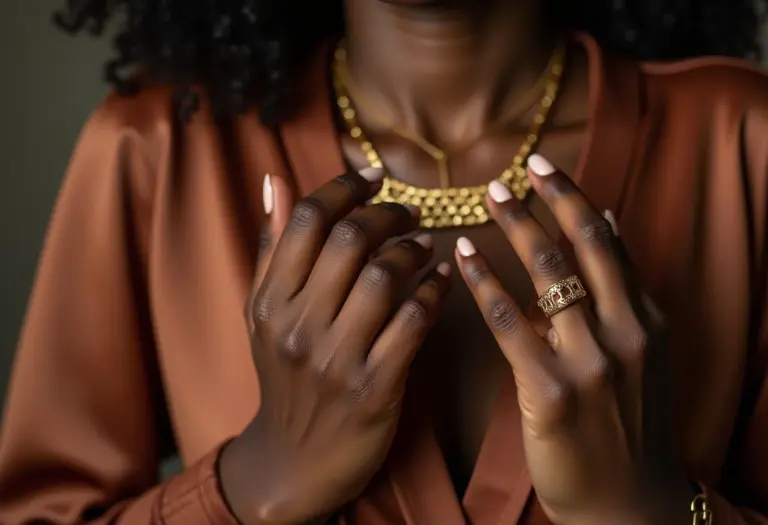 Detalhe de mãos segurando colar statement dourado