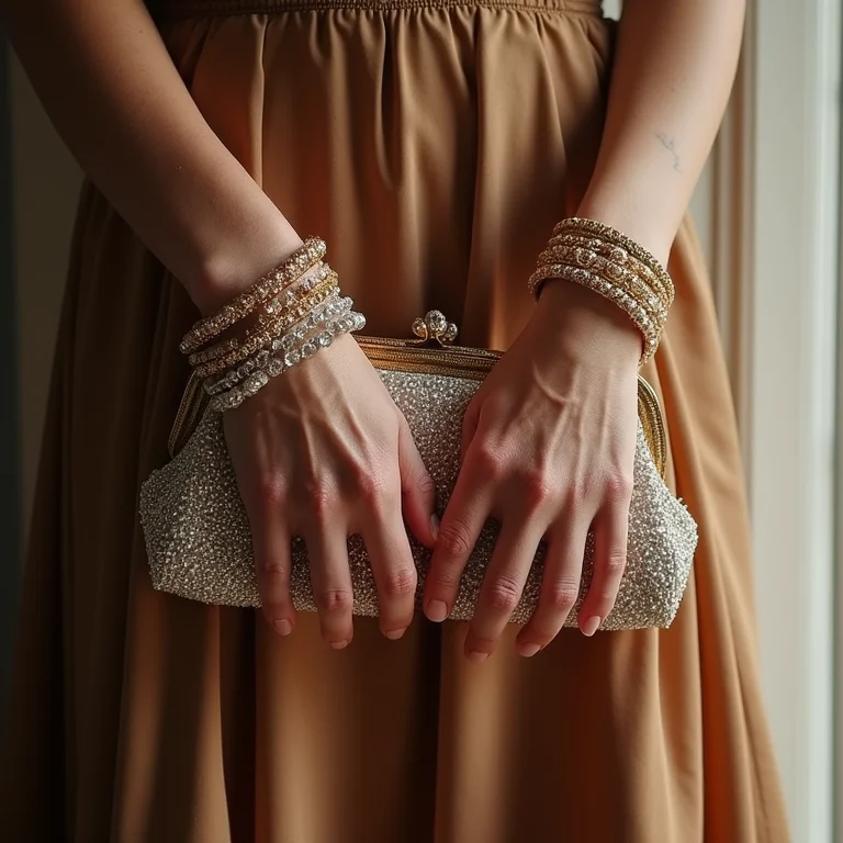 Detalhe de mãos segurando uma bolsa clutch vintage com miçangas