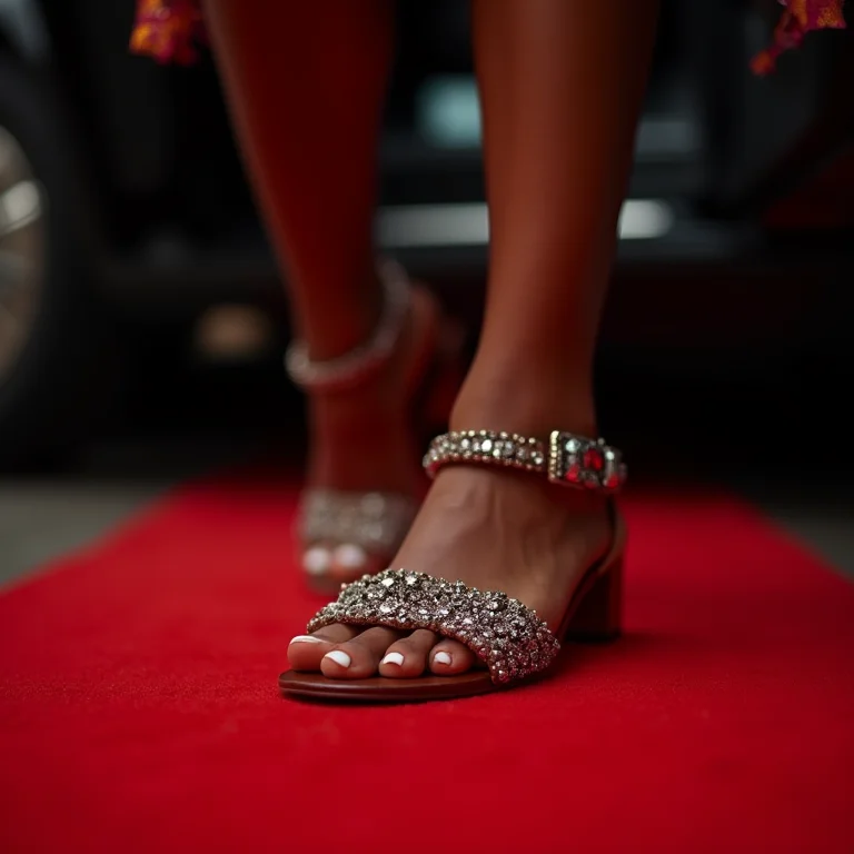 Detalhe de rasteirinhas brilhantes nos pés de uma mulher negra, tapete vermelho.