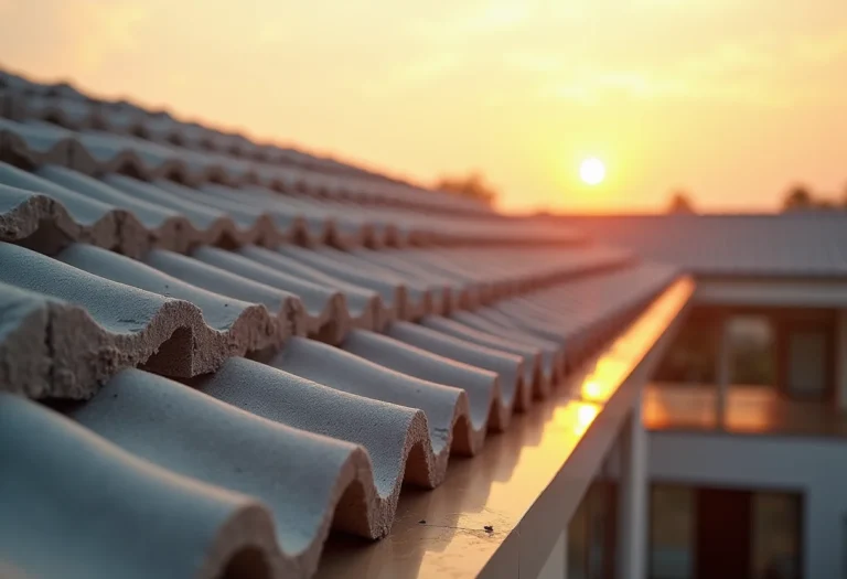 Detalhe de telhado com telhas de concreto cor palha sob a luz dourada do sol.