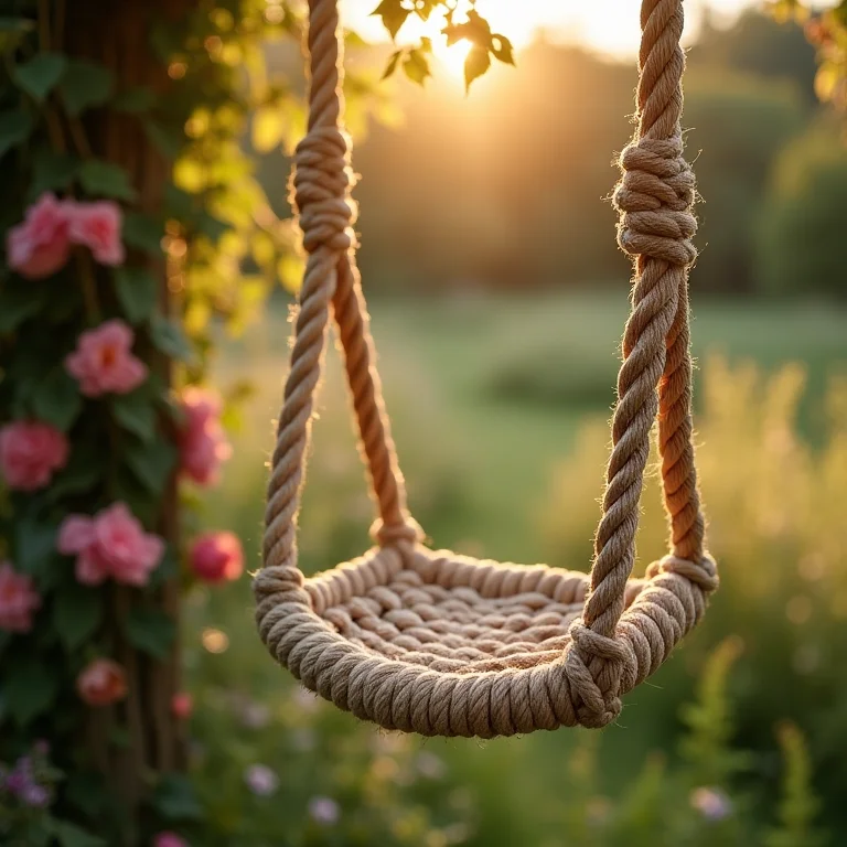 Detalhe de um balanço de corda náutica em jardim florido
