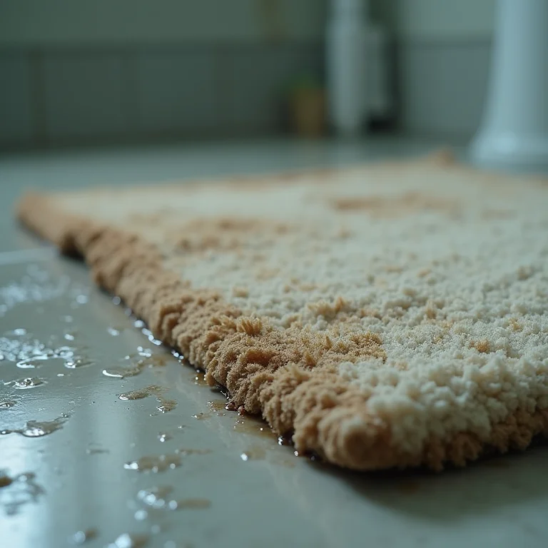 Detalhe de um tapete de banheiro inadequado mofado e molhado, representando perigo.