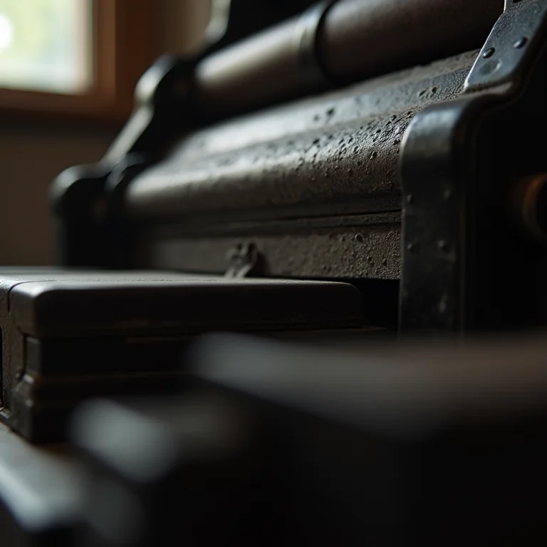 Detalhe de uma antiga impressora mostrando a textura do metal