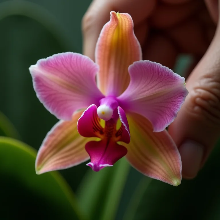 Detalhe de uma mão regando uma orquídea amazônica vibrante, mostrando a beleza e delicadeza da flor.