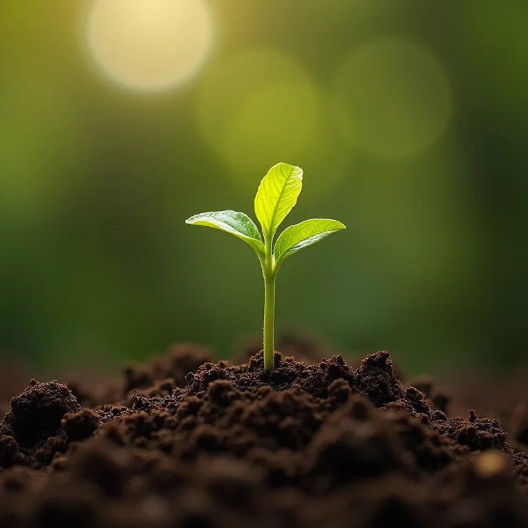 Detalhe do plantio de uma muda jovem de mangarito amarelo em solo preparado.