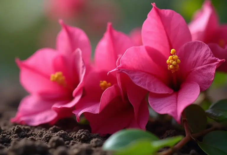 Detalhe macro de flores de bougainvillea rosa com adubo no solo
