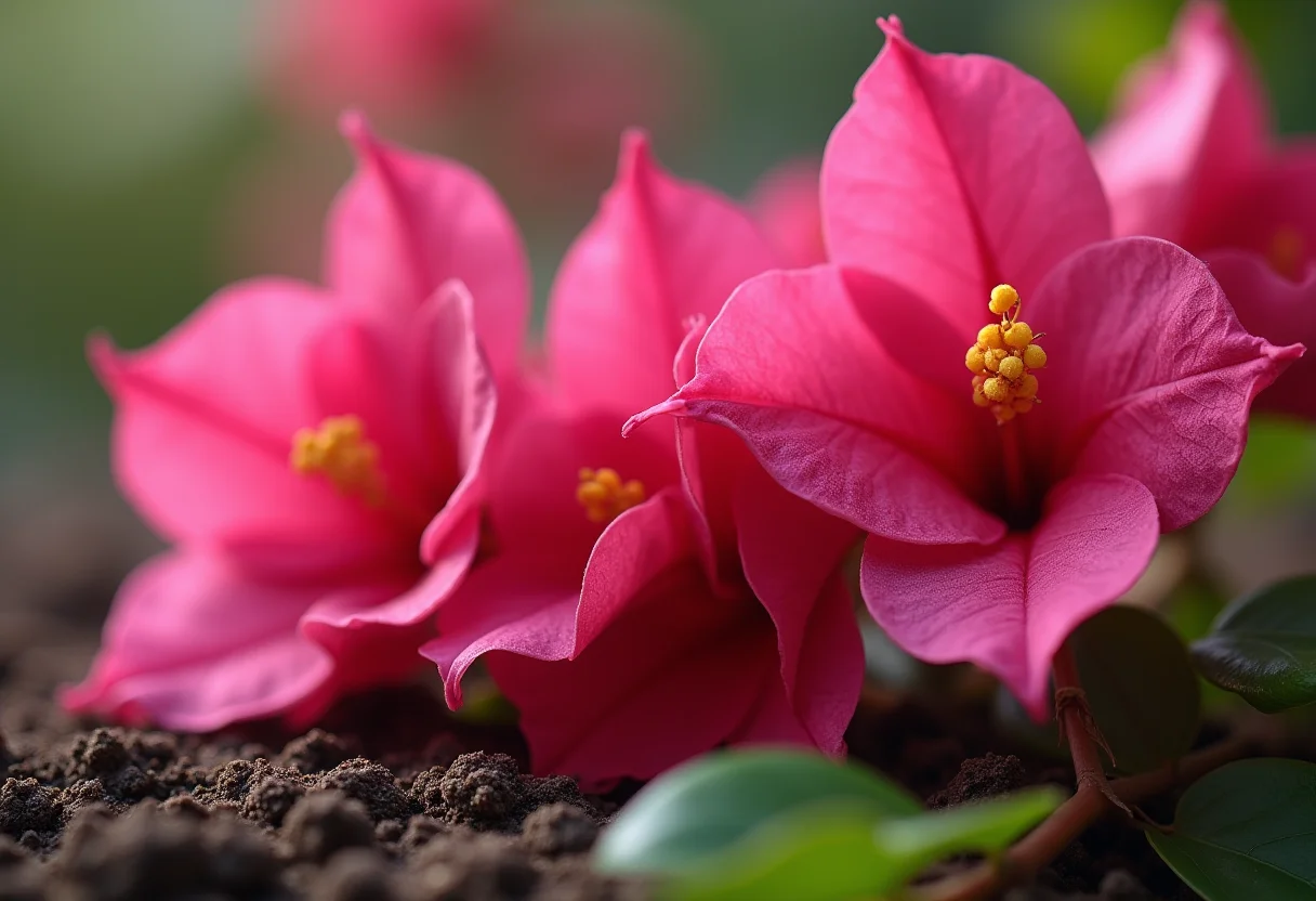 Bougainville EXPLOSIVA: O adubo secreto que vai turbinar sua primavera Detalhe macro de flores de bougainvillea rosa com adubo no solo
