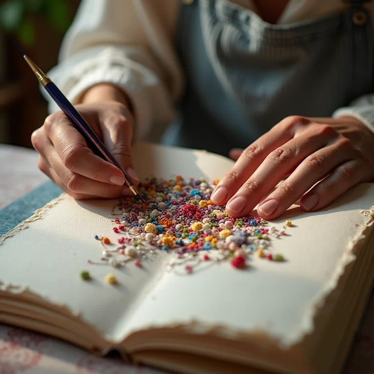 Detalhes de costura e bordado em um livro de artista.