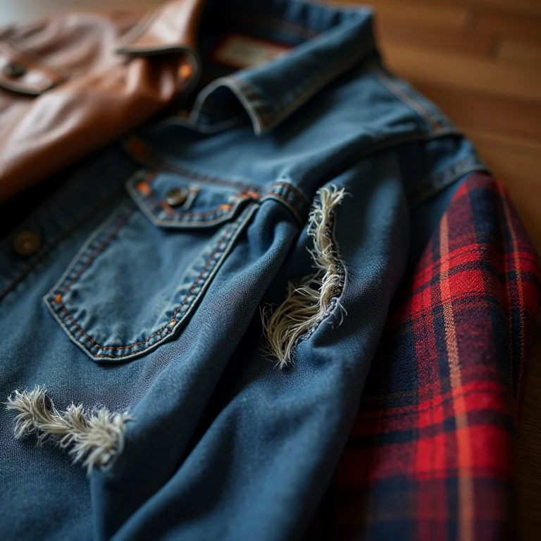 Detalhes de jaqueta de couro desgastada, camisa jeans rasgada e flanela macia