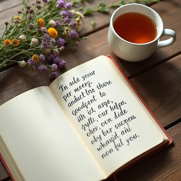 Diário aberto com afirmações positivas, chá e flores silvestres.