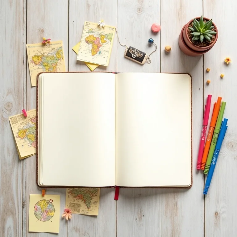 Diário de viagem aberto com itens de planejamento.