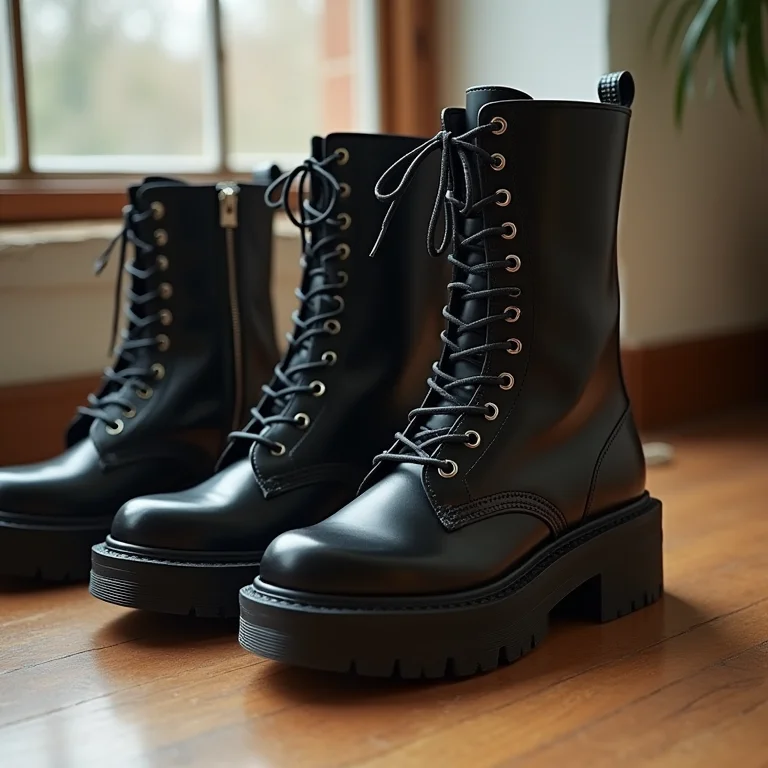 Diferentes modelos de coturnos pretos: couro fosco, couro envernizado, plataforma