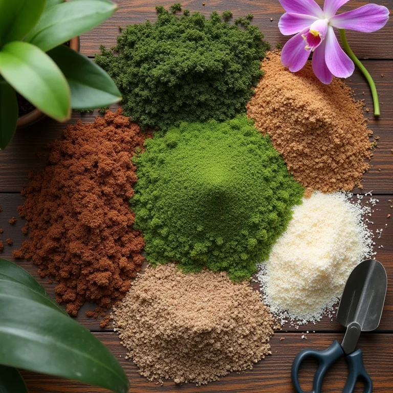 Diferentes tipos de substrato para orquídeas: casca de pinus, musgo sphagnum e perlita