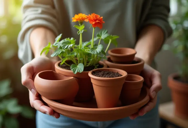 Diferentes vasos de terracota para gerânios pendentes