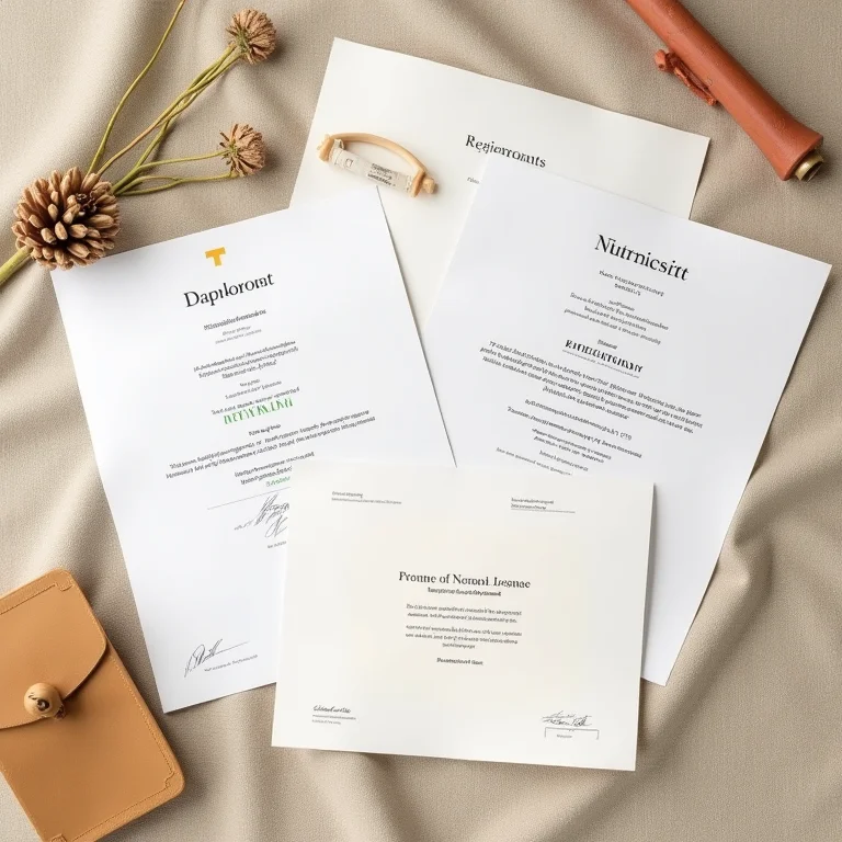 Diplomas e licença de nutricionista em close.