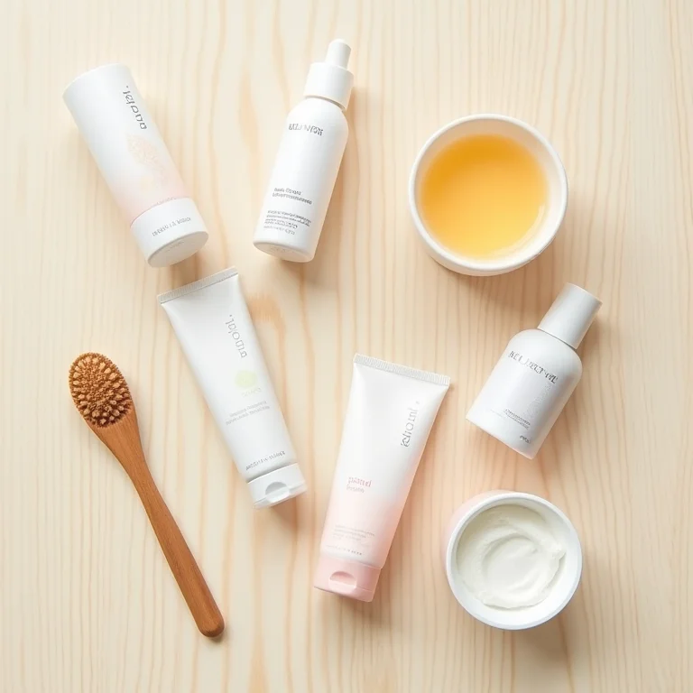 Disposição de diferentes esfoliantes coreanos em fundo de madeira clara