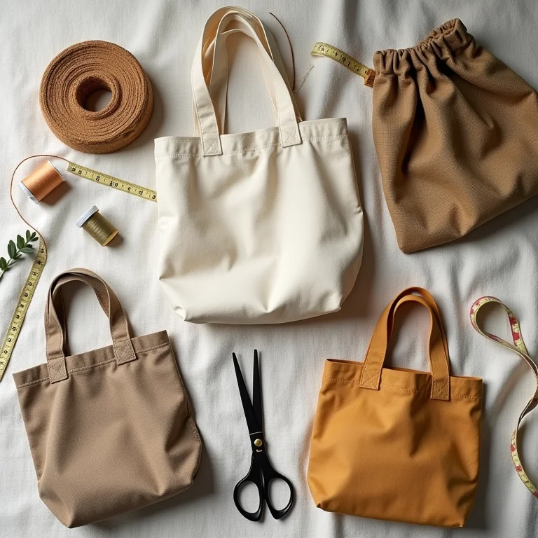 Diversas ecobags e materiais de costura em close
