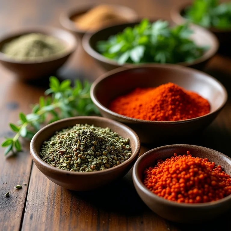 Diversas ervas e especiarias secas em pequenos recipientes