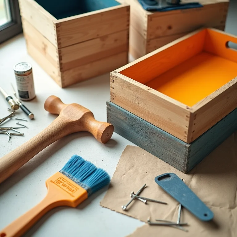 Diversos caixotes de madeira e materiais de construção.