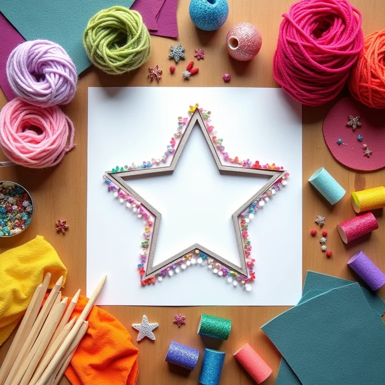 Diversos materiais de artesanato ao lado de molde de estrela impresso