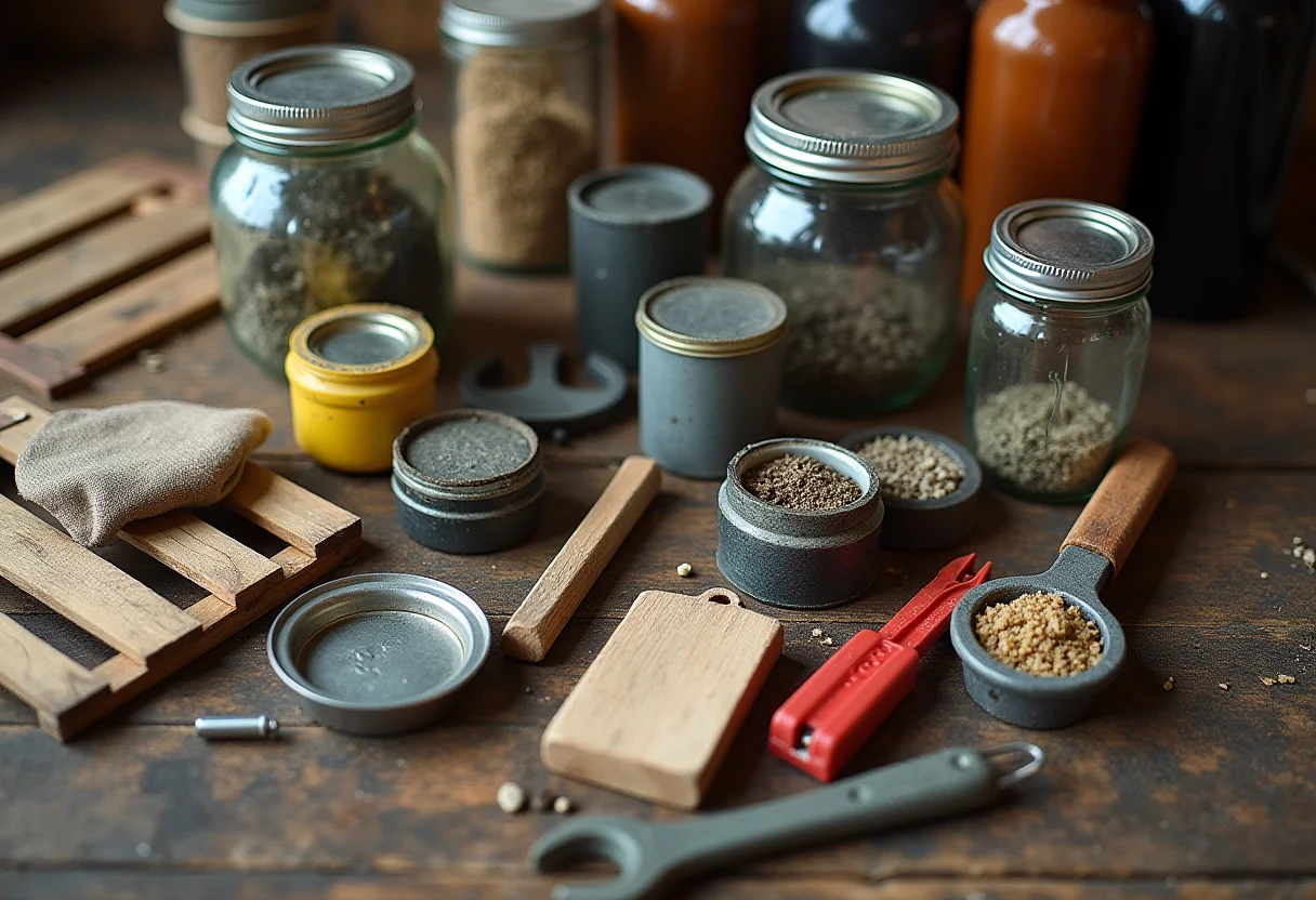 Organizador de ferramentas reciclado: um guia completo e sustentável Diversos materiais reciclados dispostos para um organizador de ferramentas sustentável.