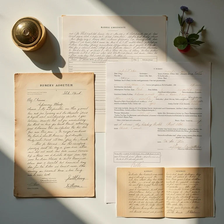 Documentos importantes como certidão de casamento, cartas e livro antigo.