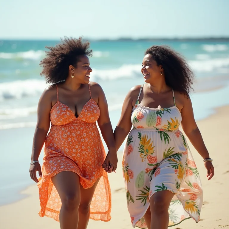 Duas amigas aproveitando a praia e o mar.