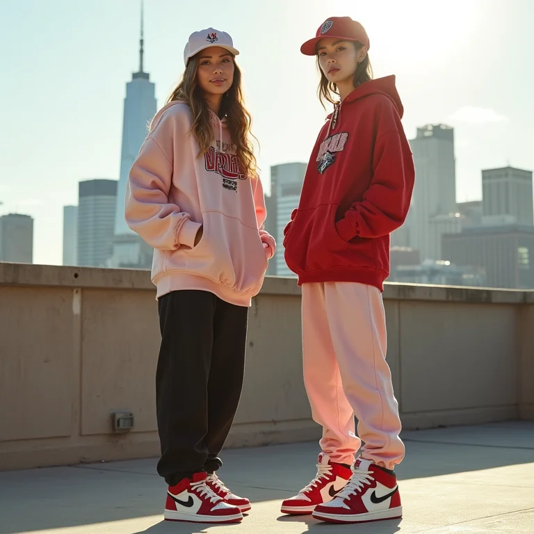 Duas mulheres com diferentes estilos de streetwear e tênis Jordan em terraço urbano
