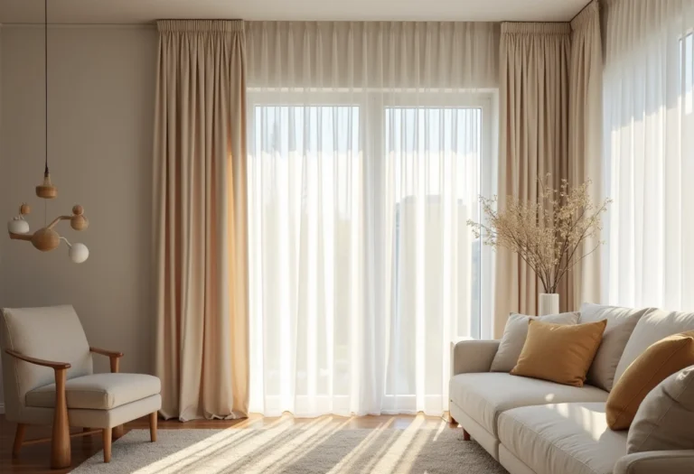 Elegante sala de estar com cortinas de três metros.