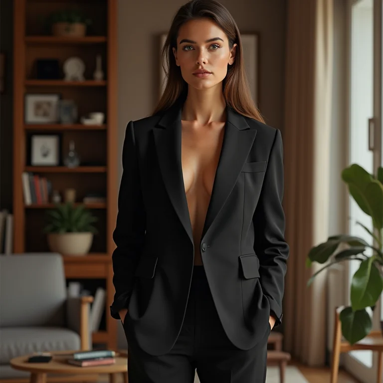 Elegância no trabalho: blazer preto alongado combinado com calça de alfaiataria para um look profissional e sofisticado.