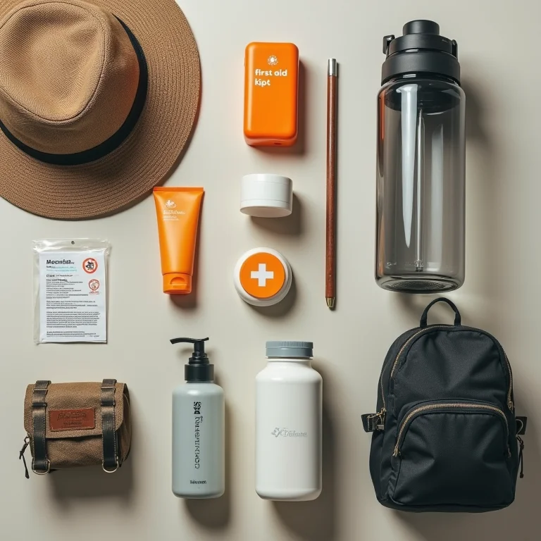 Equipamentos essenciais para trilha: água, protetor solar, kit de primeiros socorros
