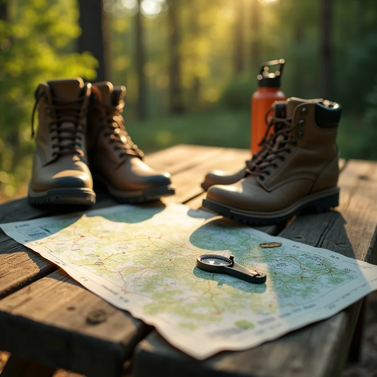Equipamentos para trilha e mapa em mesa de piquenique