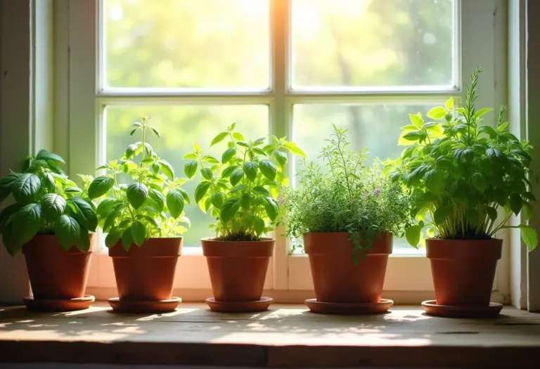 Ervas frescas em vasos iluminadas pela luz do sol na cozinha