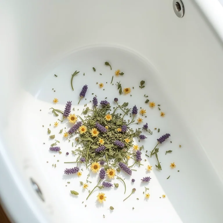 Ervas naturais para banho relaxante em flat lay